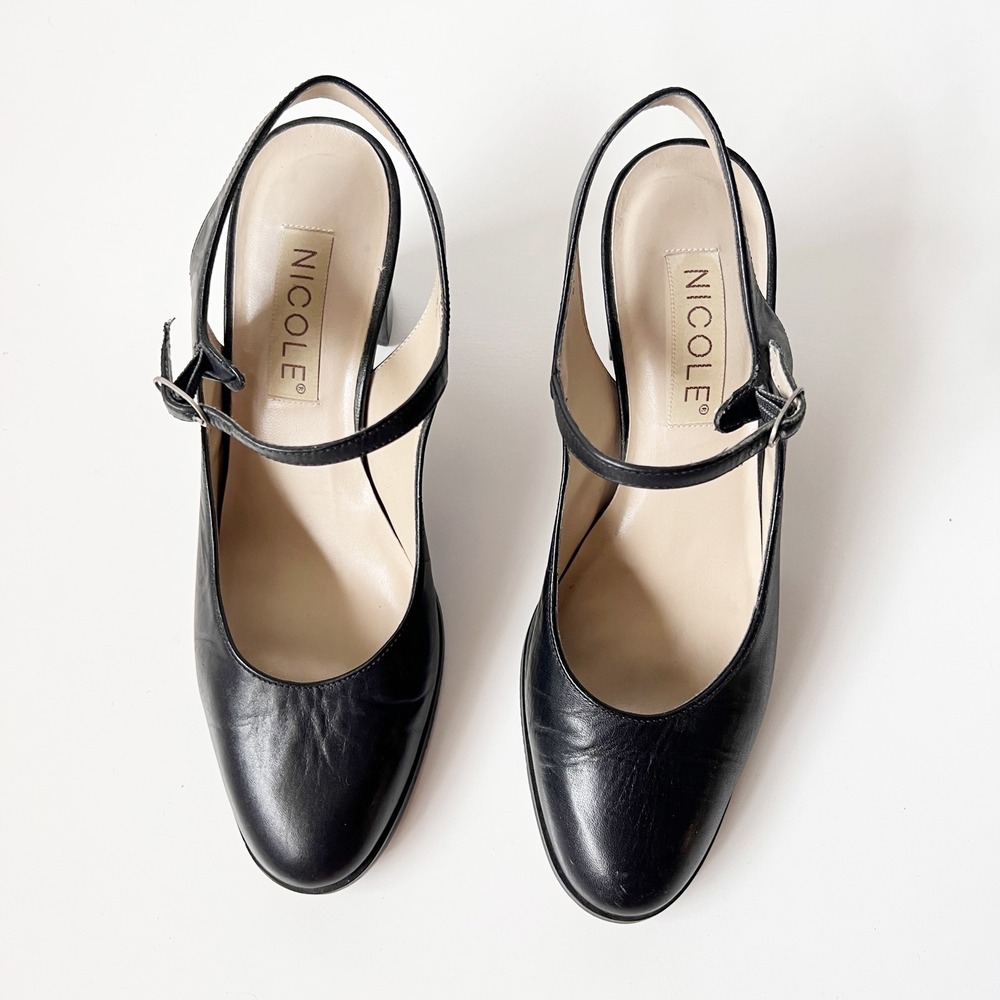 Vintage Mary Jane Slingback Heels Black Leather Block Heel Round Toe 90s Size 8 - Picture 2 of 10